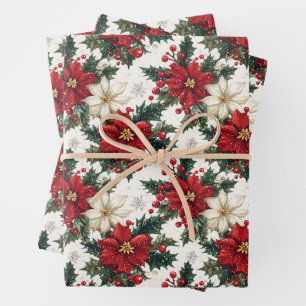 Elegant Poinsettias und Grün Geschenkpapier Set