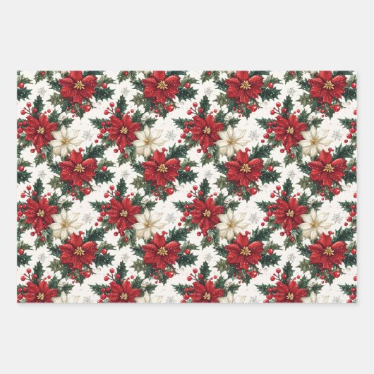 Elegant Poinsettias und Grün Geschenkpapier Set (Vorderseite)