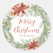 Elegant Poinsettias und Grün Runder Aufkleber (Vorderseite)