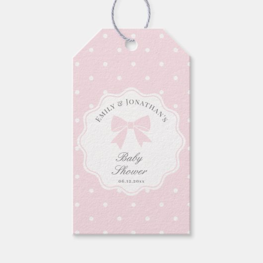 Elegant Polka Dots Baby Pink Bow Girl Baby Shower Geschenkanhänger (Vorderseite)