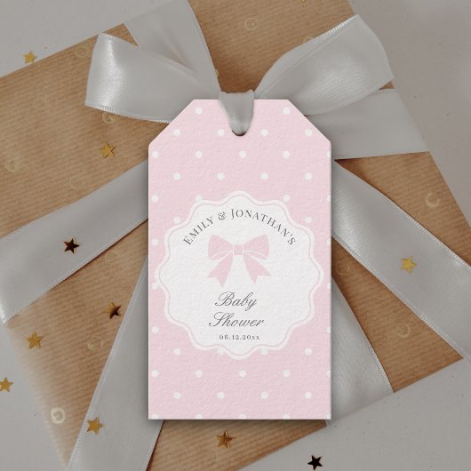 Elegant Polka Dots Baby Pink Bow Girl Baby Shower Geschenkanhänger