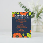 Elegant Poppies Black Birthday Invitation Postkarte (Stehend Vorderseite)