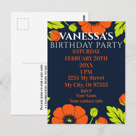 Elegant Poppies Black Birthday Invitation Postkarte (Vorne/Hinten)