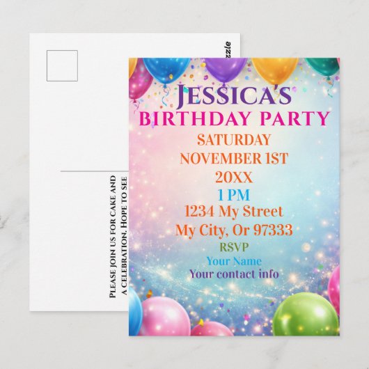 Elegant Poppies Black Birthday Invitation Postkarte (Vorne/Hinten)
