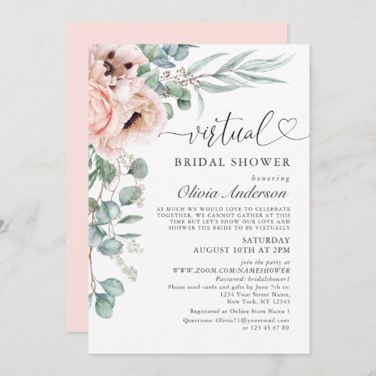 Elegant Poppy Eucalyptus virtuelles Brautparty Einladung (Vorne/Hinten)