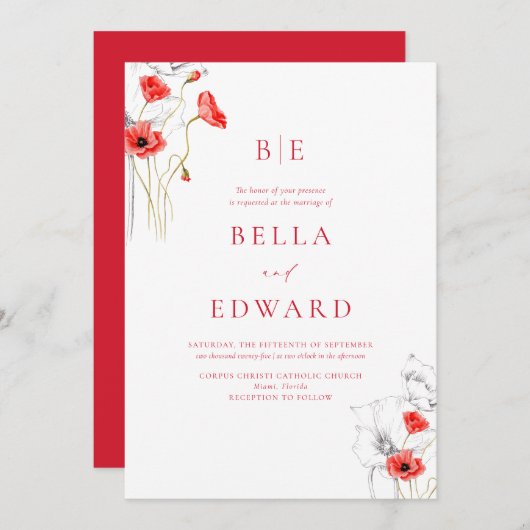 Elegant Poppy Red Monogram Floral Formal Wedding Einladung (Vorne/Hinten)