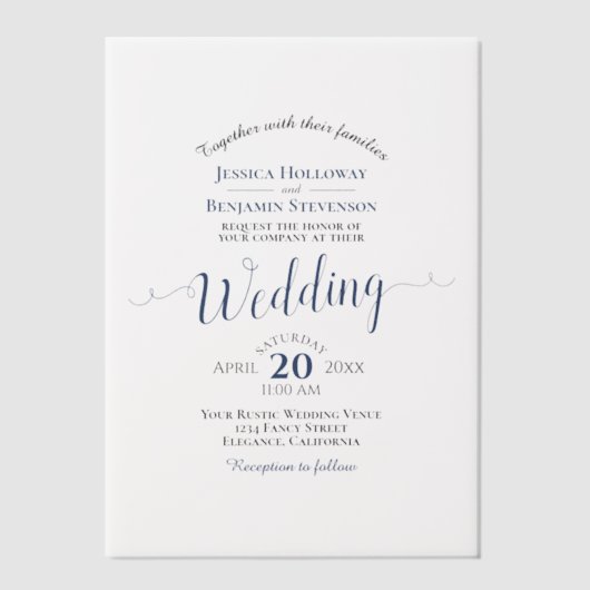 Elegant Posh Navy Blue Script Calligraphy Wedding Pergament Einladungen (Vorderseite)