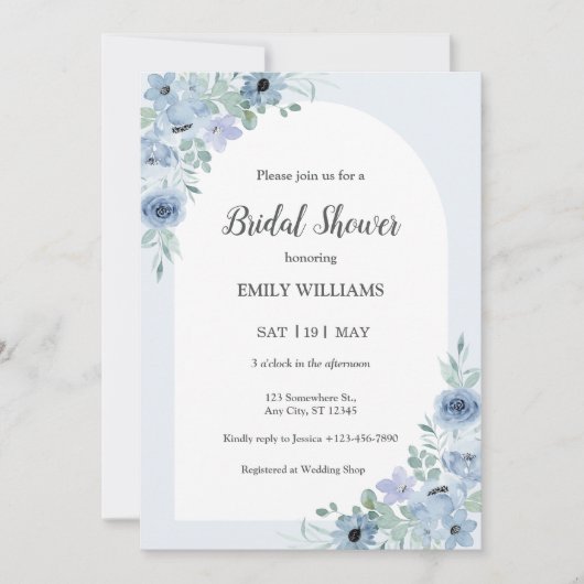 Elegant Powder Blue Flowers Bridal Shower Einladung (Vorderseite)