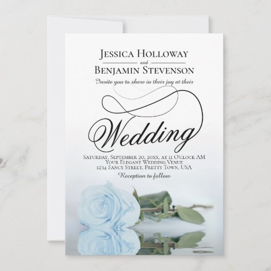 Elegant Powder Blue Rose Classy Script Wedding Einladung (Vorderseite)