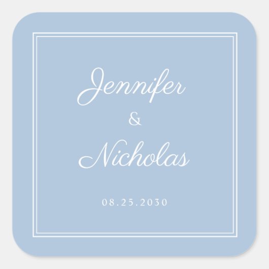 Elegant Powder Blue Script Wedding Quadratischer Aufkleber (Vorderseite)