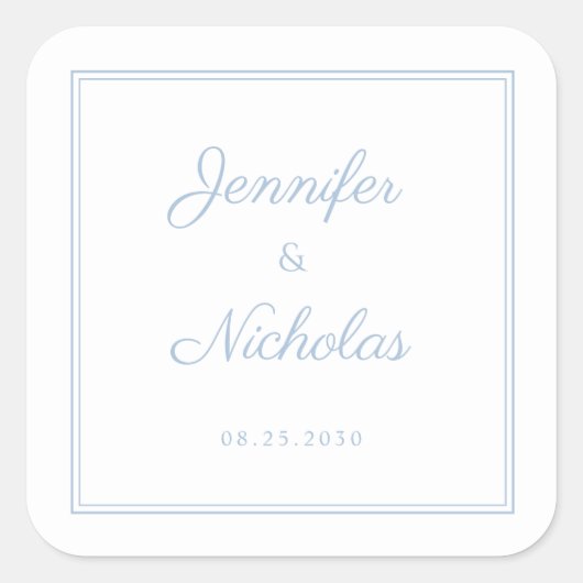 Elegant Powder Blue Script Wedding Quadratischer Aufkleber (Vorderseite)