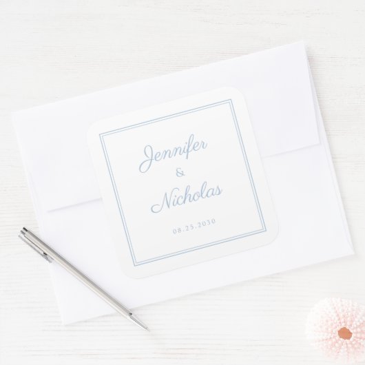 Elegant Powder Blue Script Wedding Quadratischer Aufkleber (Umschlag)