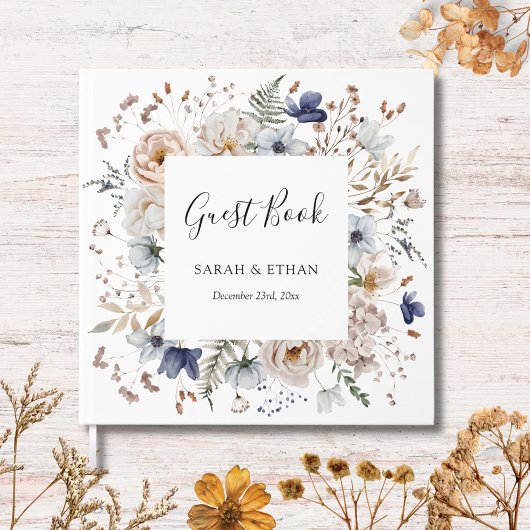 Elegant Pretty Beige Blue Flowers Floral Wedding Gästebuch