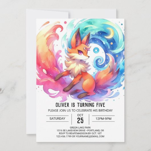 Elegant Printable Fox Birthday Einladung (Vorderseite)