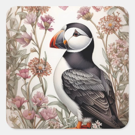 Elegant Puffin William Morris Inspiriert Quadratischer Aufkleber (Vorderseite)