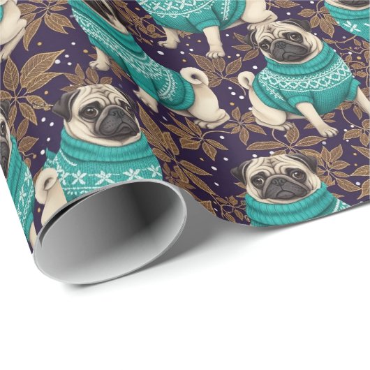 Elegant Pug Dog in Teal Sweater Purple & Gold Geschenkpapier (Rolleneckpunkt)