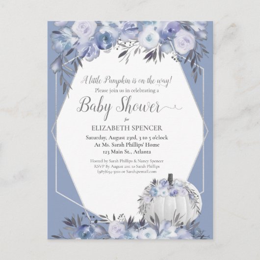 Elegant Pumpkin Baby Shower Dusty Blue Ankündigungspostkarte (Vorderseite)