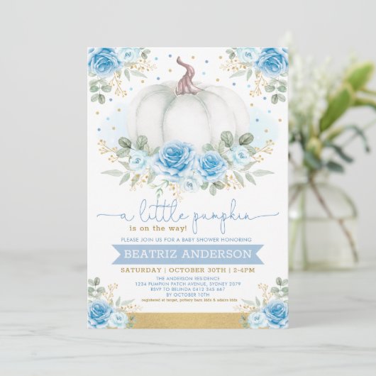 Elegant Pumpkin Blue Floral Rose Fall Baby Shower Einladung (Stehend Vorderseite)