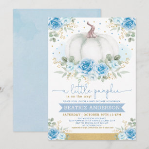 Elegant Pumpkin Blue Floral Rose Fall Baby Shower Einladung