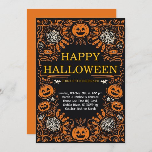 Elegant Pumpkin & Cobweb Halloween Costume Party Einladung (Vorne/Hinten)