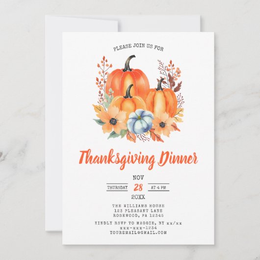 Elegant Pumpkin Erntedank Dinner Einladung (Vorderseite)