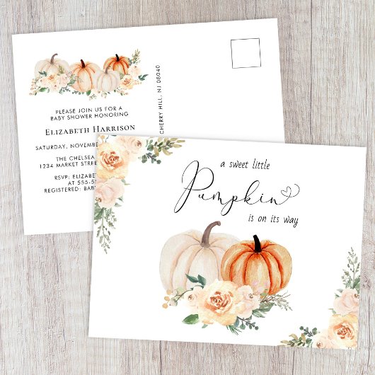 Elegant Pumpkin Floral Watercolor Baby Shower Einladungspostkarte