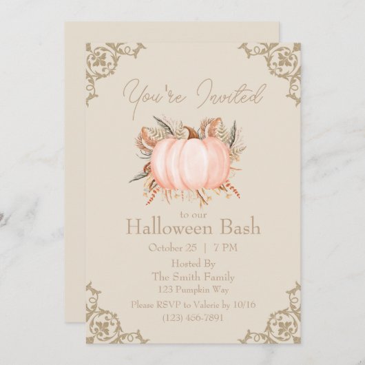 Elegant Pumpkin Neutral Tone Halloween Einladung (Vorne/Hinten)