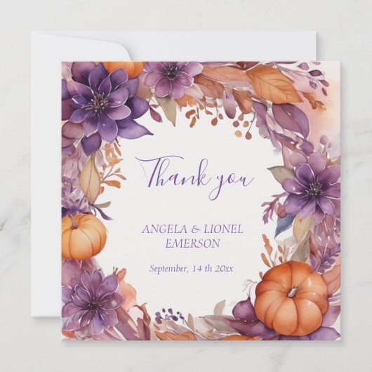 Elegant Pumpkins Purple Flowers Hochzeit Dankeskarte (Vorderseite)