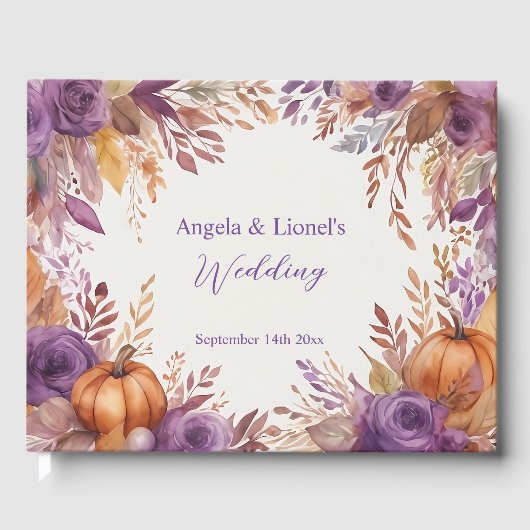 Elegant Pumpkins Purple Flowers Hochzeit Gästebuch (Vorderseite)