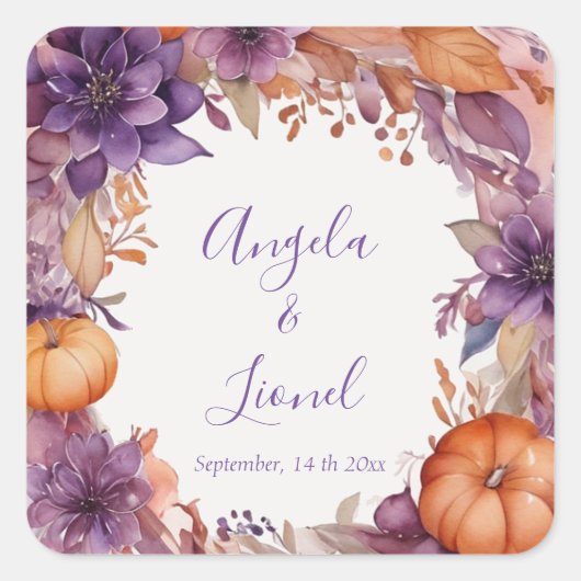Elegant Pumpkins Purple Flowers Hochzeit Quadratischer Aufkleber (Vorderseite)