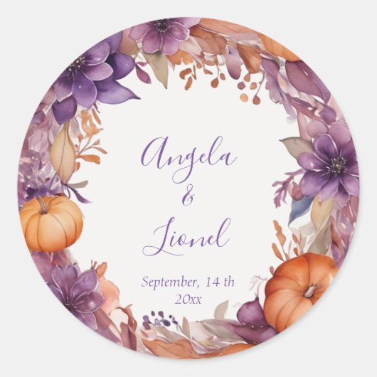 Elegant Pumpkins Purple Flowers Hochzeit Runder Aufkleber (Vorderseite)