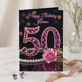 Elegant Purple Amethyst Gold Pearl 50th Birthday Karte