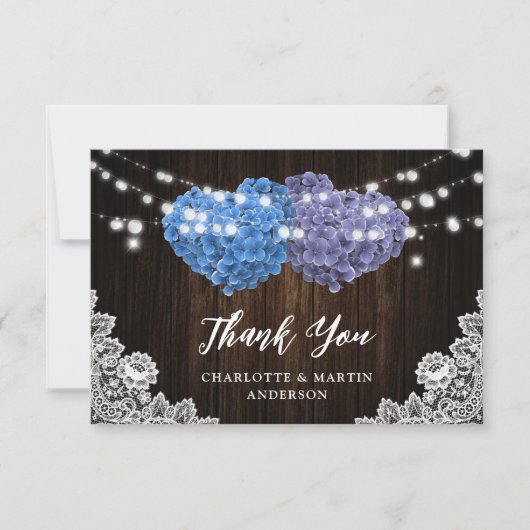 Elegant Purple and Blue Rustic Wood Floral Wedding Dankeskarte (Vorderseite)