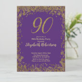 Elegant Purple and Gold 90th Birthday Einladung (Stehend Vorderseite)