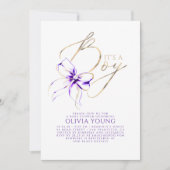 Elegant Purple and Gold Bow Boy Baby Shower Einladung (Vorderseite)
