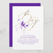 Elegant Purple and Gold Bow Boy Baby Shower Einladung (Vorne/Hinten)