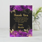 Elegant Purple and Gold Flowers Birthday Party Dankeskarte (Stehend Vorderseite)