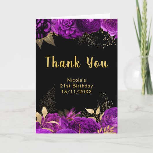 Elegant Purple and Gold Flowers Birthday Party Dankeskarte (Vorderseite)