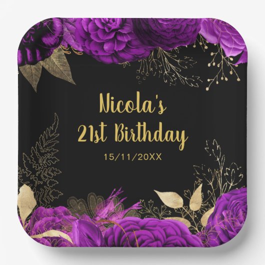 Elegant Purple and Gold Flowers Birthday Party Pappteller (Vorderseite)