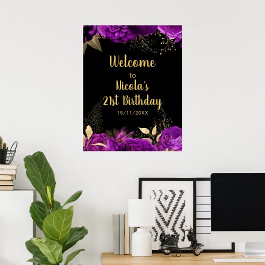 Elegant Purple and Gold Flowers Birthday Party Poster (Heimbüro)