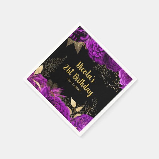 Elegant Purple and Gold Flowers Birthday Party Serviette (Ecke)