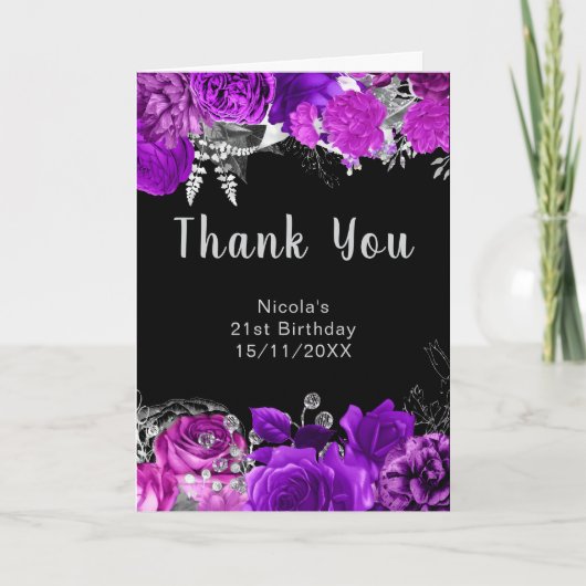 Elegant Purple and Silver Flowers Birthday Party Dankeskarte (Vorderseite)