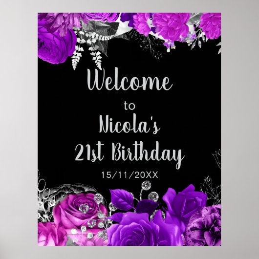 Elegant Purple and Silver Flowers Birthday Party Poster (Vorne)