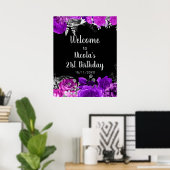 Elegant Purple and Silver Flowers Birthday Party Poster (Heimbüro)