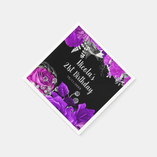 Elegant Purple and Silver Flowers Birthday Party Serviette (Ecke)