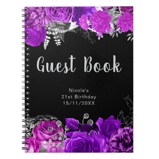 Elegant Purple and Silver Flowers Guest Book Notizblock (Vorderseite)