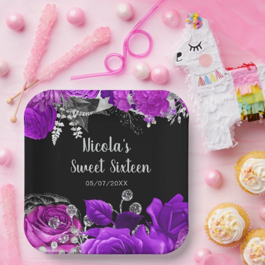 Elegant Purple and Silver Flowers Sweet Sixteen Pappteller (Party)
