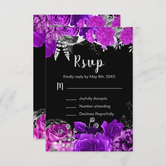 Elegant Purple and Silver Flowers Sweet Sixteen RSVP Karte (Vorne/Hinten)