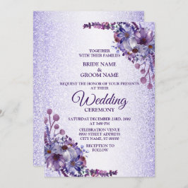 Elegant Purple Blue Pink Floral Glitter Wedding Einladung