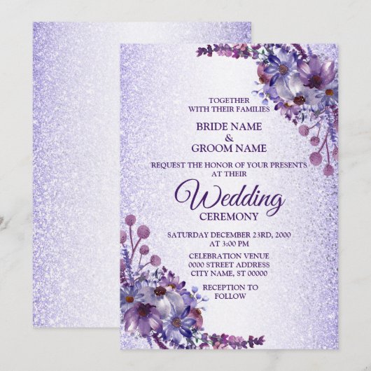 Elegant Purple Blue Pink Floral Glitter Wedding Einladung (Vorne/Hinten)